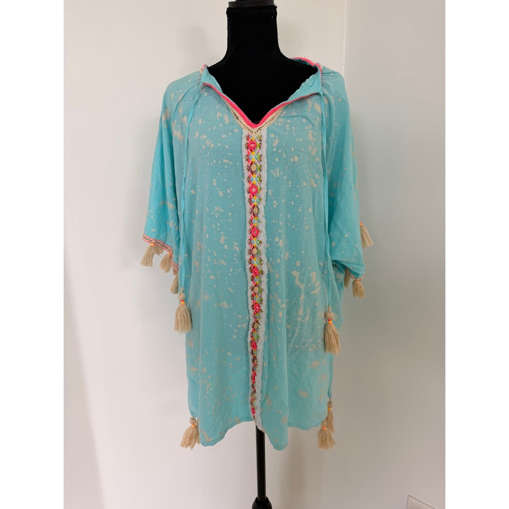Skemo Turquoise Splatter Tassel Kaftan Tunic Dress Medium Boho Embroidered Mini